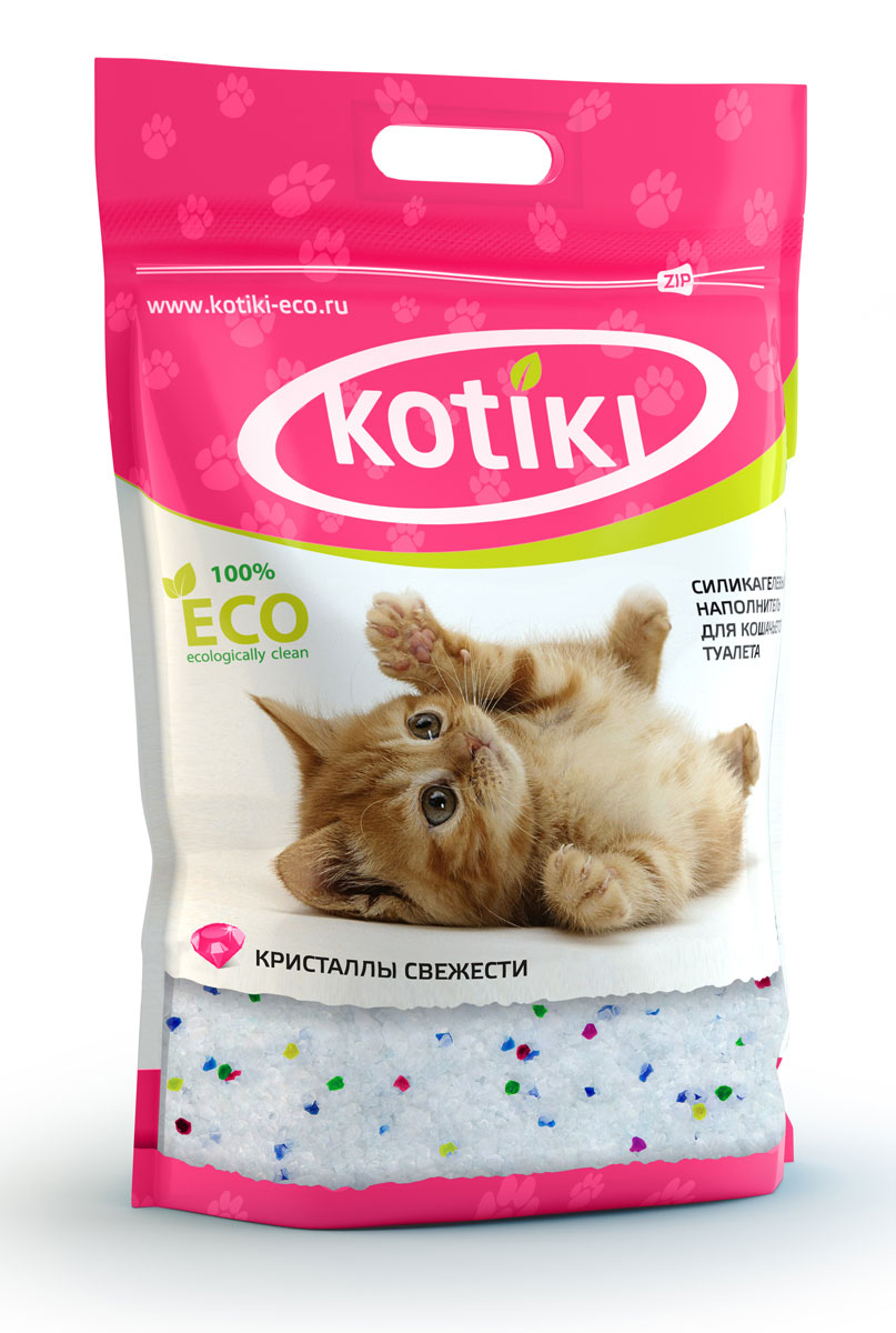 Наполнитель для кошачьего туалета Kotiki Кристаллы свежести, 5 л00000000106 Наполнитель для кошачьего туалета Kotiki Кристаллы свежести, 5 л00000000106Силикагелевый наполнительдля кошачьего туалета Kotiki Кристаллы свежести, благодаря своему специально-разработанному составу, моментально впитывает в себя всю влагу и неприятные запахи. Все это надежно блокируется внутри кристаллов и предотвращает размножение бактерий.