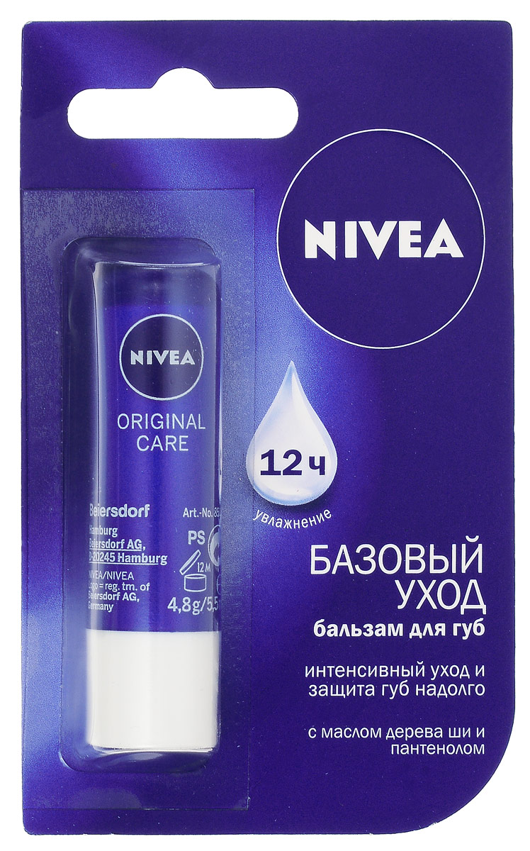 NIVEA Бальзам для губ Базовый уход, с маслом дерева ши и пантенол, 4,8 гр10062030 NIVEA Бальзам для губ Базовый уход, с маслом дерева ши и пантенол, 4,8 гр10062030Бальзам Nivea Базовый уход обогащен питательным маслом жожоба и натуральным маслом дерева ши, ухаживает за Вашими губами и предотвращает потерю влаги, сохраняя их мягкими и нежными. Надолго обеспечивает интенсивный уход.Эффективно защищает ваши губы от высыхания в любую погоду. Характеристики:Вес: 4,8 г. Производитель: Германия. Артикул: 85061. Товар сертифицирован.