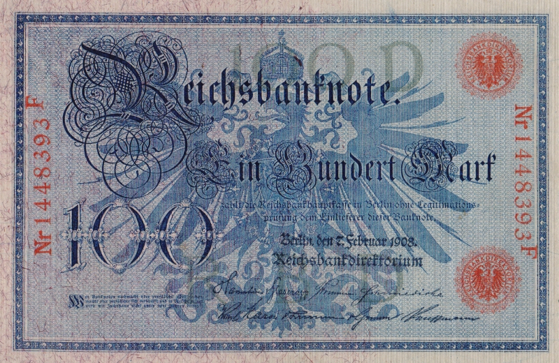 Банкнота номиналом 100 марок. Германия. 1908 год