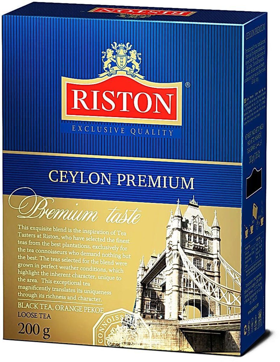 Riston Цейлонский Премиальный черный листовой чай, 200 г4792156001081 Riston Цейлонский Премиальный черный листовой чай, 200 г4792156001081Riston Цейлонский Премиальный - эксклюзивный сорт черного чая высшей категории, в состав которого входят только верхние листочки, собранные на элитных плантациях Шри-Ланки. Этот крепкий настой с мягким, деликатным вкусом и насыщенным ароматом создает отличный настрой на весь день. Стандарт ОР.