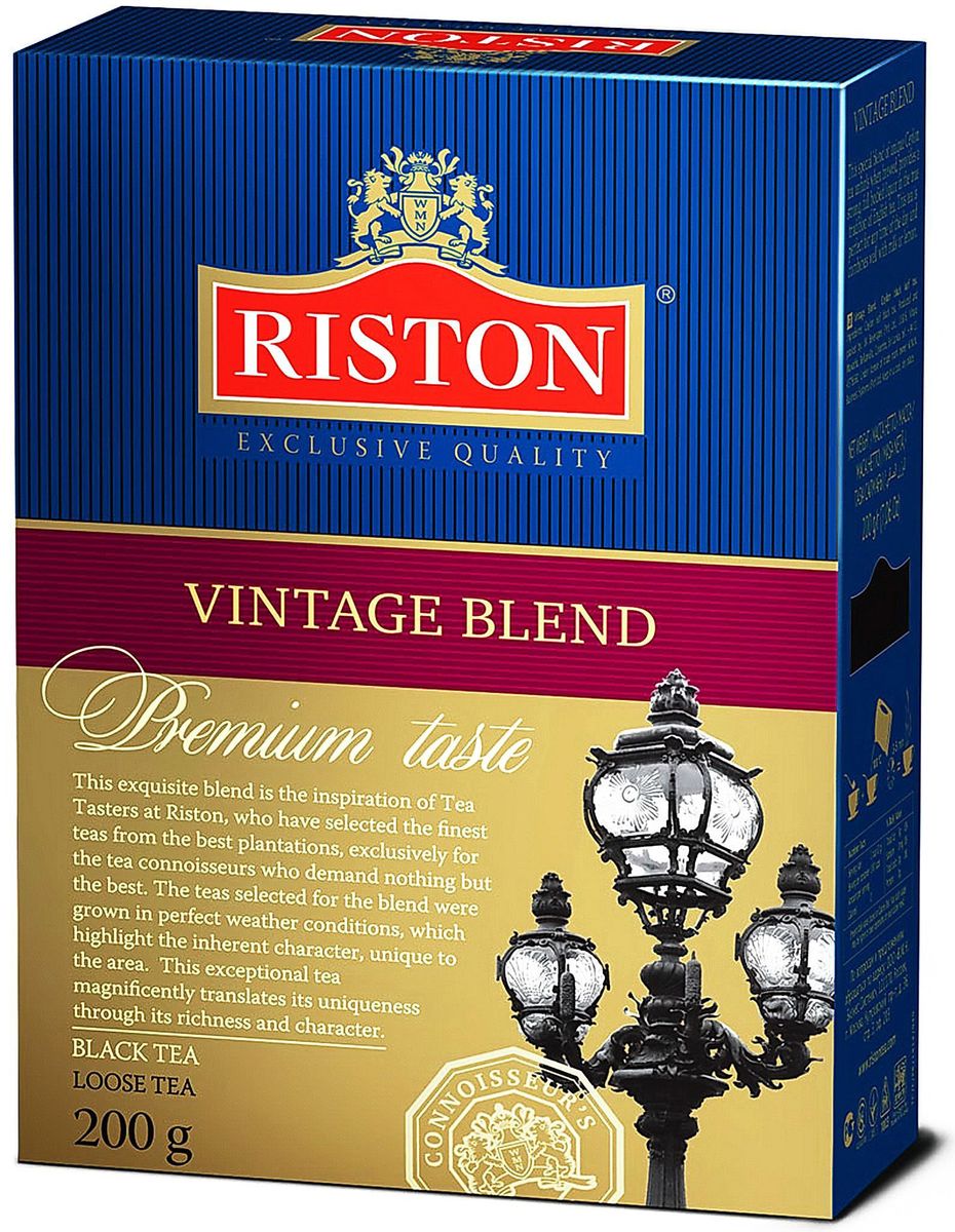 Riston Винтаж Бленд черный листовой чай, 200 г4792156003276 Riston Винтаж Бленд черный листовой чай, 200 г4792156003276Riston Винтаж Бленд - это исключительный купаж, где крупный лист настоящего цейлонского чая раскрывается во время заваривания и дает крепкий насыщенный настой в лучших традициях английского чаепития. Этот чай прекрасен для любого времени дня, отлично сочетается с молоком или лимоном.