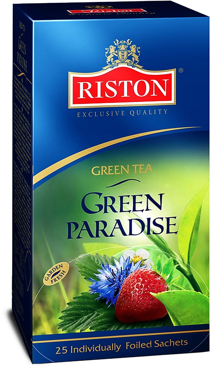 Riston Зеленый Парадайз зеленый чай в пакетиках, 25 шт4792156004624 Riston Зеленый Парадайз зеленый чай в пакетиках, 25 шт4792156004624Классический зеленый чай Riston Зеленый Парадайз в сочетании с лепестками красной розы и васильками, деликатно ароматизированный клубникой и розовым маслом. Обладает потрясающим вкусом и нежным цветочным ароматом, превосходно согревает в горячем виде и замечательно освежает в охлажденном.