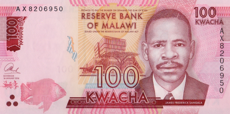 Банкнота номиналом 100 квача. Малави, 2016 год
