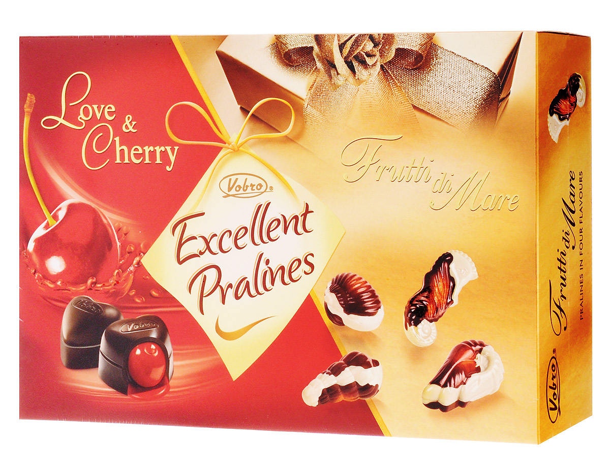 Vobro Exellent Pralines Отличное пралине набор шоколадных конфет, 330 г10058 Vobro Exellent Pralines Отличное пралине набор шоколадных конфет, 330 г10058Двойная радость от чувственных шоколадных конфет в элегантной упаковке. Коробка конфет Excellent Pralines оправдает ожидания всех гурманов шоколадных конфет, которые не любят себе отказывать в любимых вкусах.Excellent Pralines - это сочетание двух вкусов: чувственных конфет с вишней в ликере Love&Cherry и тонких пралине Frutti di Mare, созданных в композиции белого и черного шоколада с деликатным кремовым наполнением. Содержимое коробки - это незабываемые вкусовые ощущения.