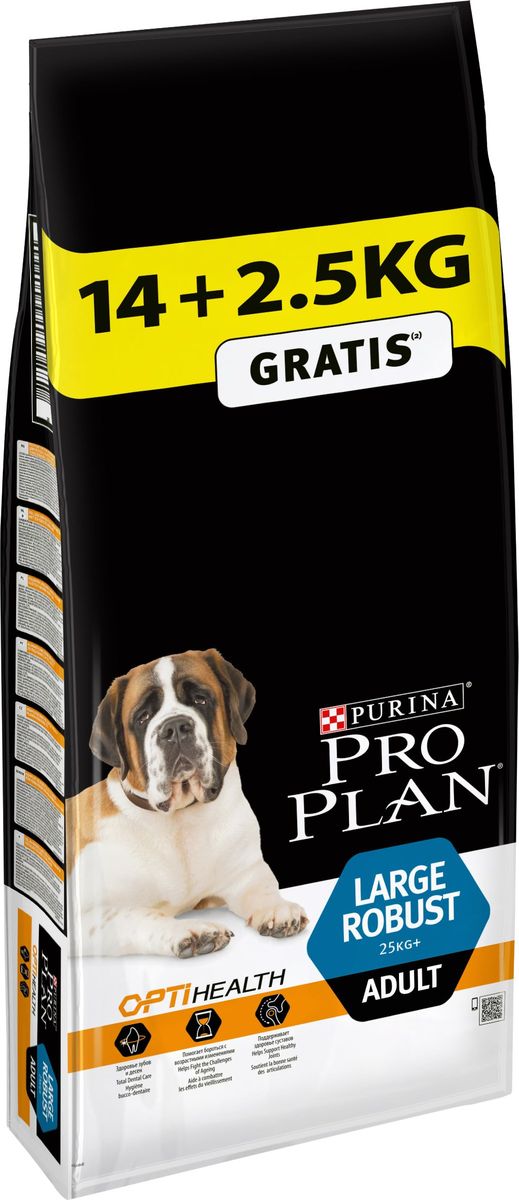 Корм сухой Pro Plan Large Robust Adult, для взрослых собак крупных пород с мощным телосложением от 25 кг, 14 кг + 2,5 кг в подарок12272466 Корм сухой Pro Plan Large Robust Adult, для взрослых собак крупных пород с мощным телосложением от 25 кг, 14 кг + 2,5 кг в подарок12272466Оптимальное питание вышей собаки, является основой для здоровья и благополучия. Разработанный ветеринарами и диетологами Purina корм Pro Plan с комплексом Optihealth, обеспечивает современное питание, которое оказывает долгосрочное влияние на здоровье собаки. Комплекс Optihealth, это сочетание специально отобранных питательных веществ для собак крупных размеров и телосложения, он отвечает особым потребностям и помогает сохранить отличное самочувствие. Ингредиенты: cухой белок птицы, пшеница, кукуруза, курица (14%), рис (10%), пшеничное волокно, вкусоароматическая кормовая добавка, глютен, животный жир, сухая мякоть свеклы, минеральные вещества, рыбий жир, продукты переработки растительного сырья, витамины, антиоксиданты. Товар сертифицирован.