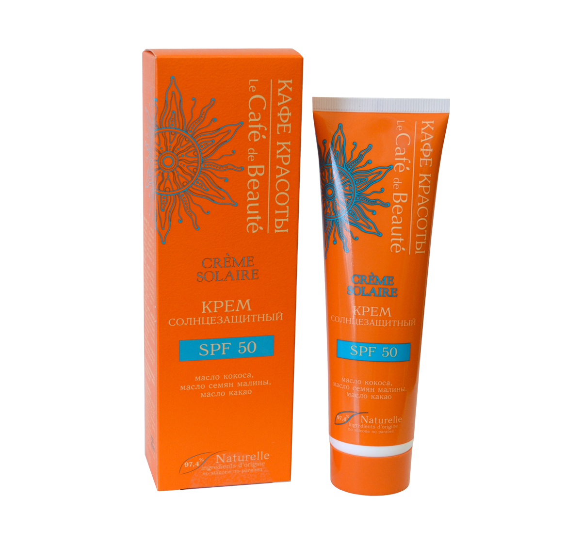 Кафе Красоты Солнцезащитный крем SPF 50 La Cafe De Bote 100 мл4627090991368 Кафе Красоты Солнцезащитный крем SPF 50 La Cafe De Bote 100 мл4627090991368Крем с нежноий текстуроий обеспечит надежную защиту от солнца, увлажнит и смягчит Вашу кожу во время пребывания на солнце. Масло кокоса глубоко питает и увлажняет кожу, стимулирует процессы регенерации, помогает удерживать оптимальный баланс влаги в клетках. Масло зародышей пшеницы прекрасно смягчает кожу, делая ее нежной и бархатистой. Масло манго помогает защитить кожу от солнечных лучей, а также облагает мощным увлажняющим свойством.