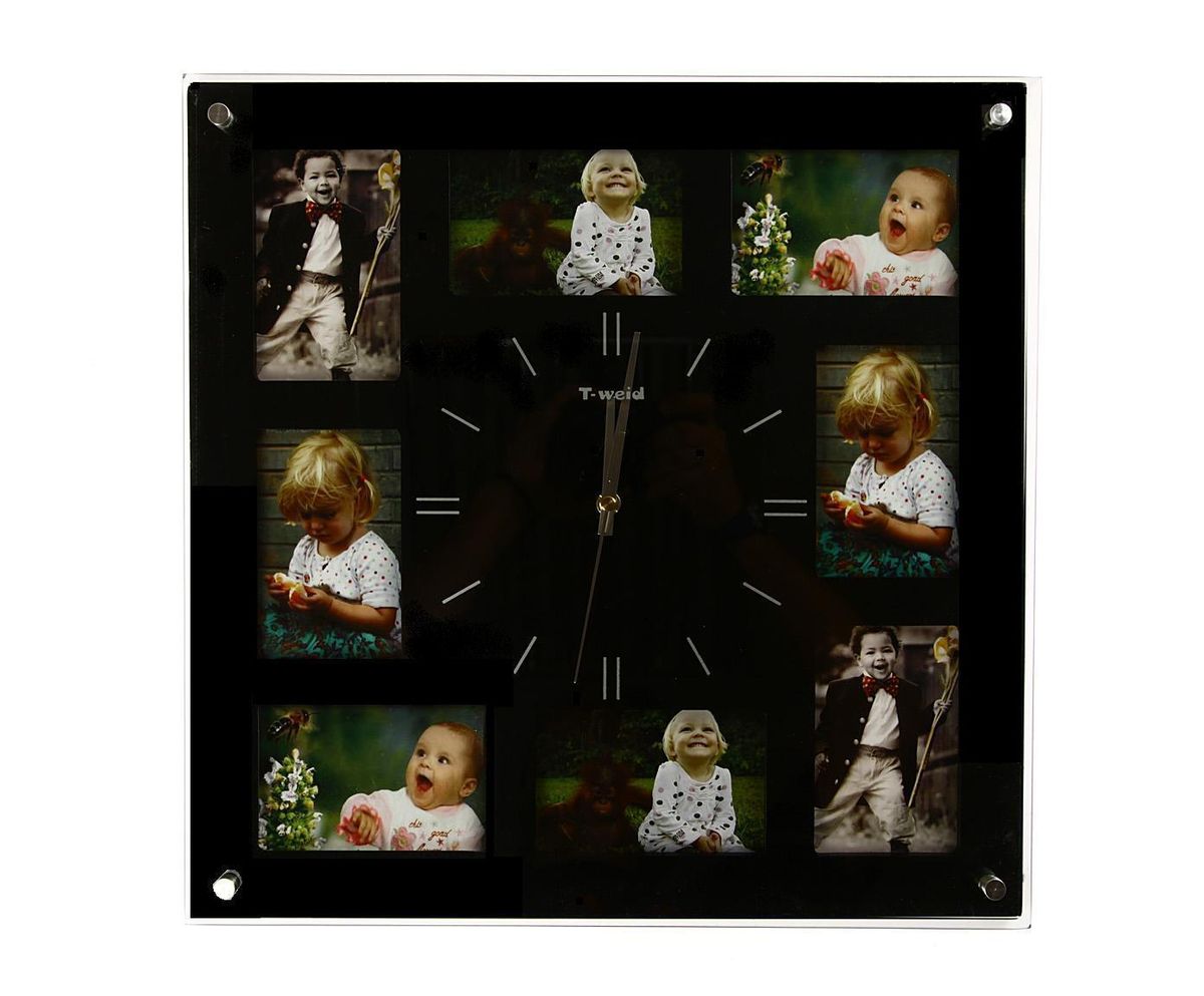 Часы настенные T-Weid, с фоторамками, цвет: черный, 40 х 40 х 5 смМ 9012 А Black Часы настенные T-Weid, с фоторамками, цвет: черный, 40 х 40 х 5 смМ 9012 А BlackНастенные кварцевые часы с фоторамками - это прекрасный предмет декора, а также универсальный подарок практически по любому поводу. Корпус часов, выполнен из дерева с черным матовым покрытием и оформлен восемью фоторамками.Циферблат часов оснащен тремя фигурными стрелками: часовой, минутной и секундной. Цифры и метки нанесены черной краской на серебристом фоне на внутренней стороне стекла. Циферблат и стрелки защищены прочным стеклом, который крепится четырьмя металлическими крепежами к корпусу. На задней стенке часов расположена металлическая петелька для подвешивания и блок с часовым механизмом. Часы с фоторамками прекрасно впишутся в любой интерьер. В зависимости оттого, что вы поместите в рамки, будет меняться и стиль часов. Тип механизма: плавающий, бесшумный. Рекомендуется докупить батарейку типа АА (не входит в комплект). Для 8 фото 9 х 12 см.