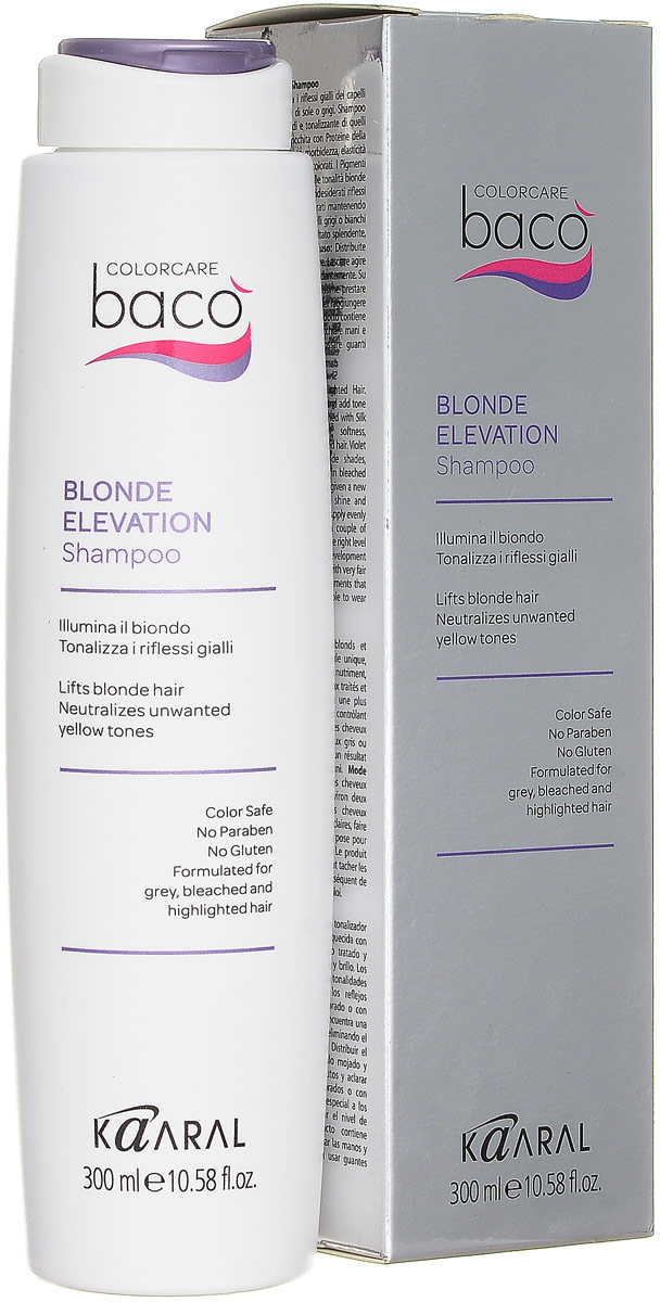 Kaaral Шампунь, дающий блеск волосам и тонирующий седые волосы Baco Color Collection-Blonde Elevation Shampoo, 300 млkaar1074 Kaaral Шампунь, дающий блеск волосам и тонирующий седые волосы Baco Color Collection-Blonde Elevation Shampoo, 300 млkaar1074После использования такого средства ваши волосы напитаны по всей длине и сверкают здоровым блеском. В состав шампуня входят жидкие протеины и микропигменты. Благодаря этому средство лучше проникает и эффективнее действую на оттенок волос.Протеины шелка обладают свойствами схожими с кератином, который является строительным материалом волос. Часть аммиака в пигментах составляет всего лишь 3%, поэтому шампунь очень бережно относится к волосам. Цвет после использования такого средства сохраняется на более длительное время. Шампунь делает тон окрашенных волос более блестящим и насыщенным, а седые волосы тонирует.