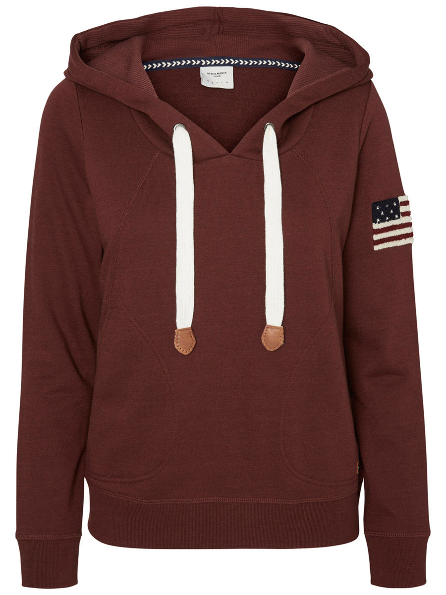 Толстовка женская Vero Moda, цвет: коричневый. 10162003. Размер XS (40)10162003_Decadent Chocolate Толстовка женская Vero Moda, цвет: коричневый. 10162003. Размер XS (40)10162003_Decadent ChocolateСтильная и уютная женская толстовка Vero Moda, изготовленная из полиэстера с добавлением хлопка. Модель с капюшоном и длинными рукавами. Объем капюшона регулируется при помощи шнурка-кулиски. Манжеты рукавов и низ толстовки оснащены эластичными резинками. Спереди толстовка дополнена двумя карманами. На рукаве модель оформлена нашивкой в виде американского флага.
