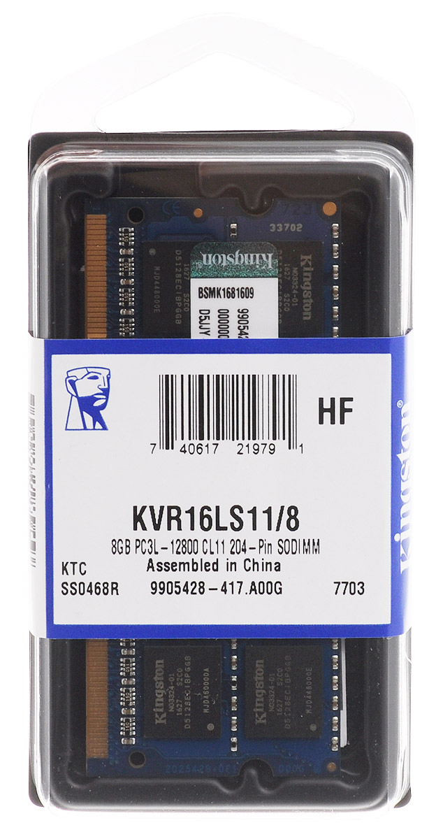 Kingston DDR3L 8GB 1600 МГц модуль оперативной памяти (KVR16LS11/8)KVR16LS11/8 Kingston DDR3L 8GB 1600 МГц модуль оперативной памяти (KVR16LS11/8)KVR16LS11/8Модуль оперативной памяти Kingston типа DDR3L для ноутбуков обеспечивает увеличенную рабочую частоту (по сравнению с DDR2) при сниженном тепловыделении и экономном энергопотреблении. Напряжение питания при работе составляет 1,35 В. В модуле также имеется 16 чипов с двухсторонним расположением.Объем памяти 8 ГБ позволит свободно работать со стандартными, офисными и профессиональными программами, а также современными требовательными играми. Работа осуществляется при тактовой частоте 1600 МГц и пропускной способности, достигающей до 12800 Мб/с, что гарантирует качественную синхронизацию и быструю передачу данных, а также возможность выполнения множества действий в единицу времени. Параметры тайминга 11-11-11 гарантируют быструю работу системы.ValueRAM Kingston - это модули памяти, изготовленные в соответствии с отраслевыми стандартами, обеспечивающие непревзойденную производительность и отличающиеся легендарной надежностью Kingston.