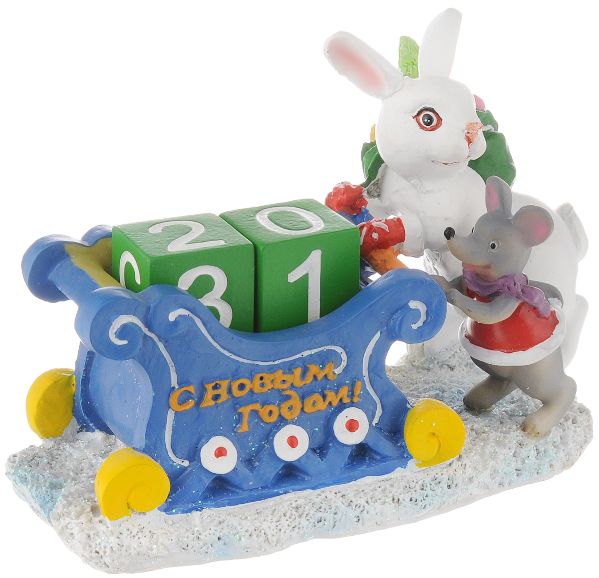 Супенир-календарь новогодний Magic Time Зайчик с подарками, 15 х 8 х 9,5 см41722 Супенир-календарь новогодний Magic Time Зайчик с подарками, 15 х 8 х 9,5 см41722Новогодний сувенир-календарь Magic Time Зайчик с подарками изготовлен из полирезины. Изделие выполнено в виде зайчика и мышонка с подарками около саней, в которые устанавливаются два кубика с числами. Оригинальный календарь Magic Time Зайчик с подарками гармонично впишется в праздничный интерьер вашего дома или офиса.