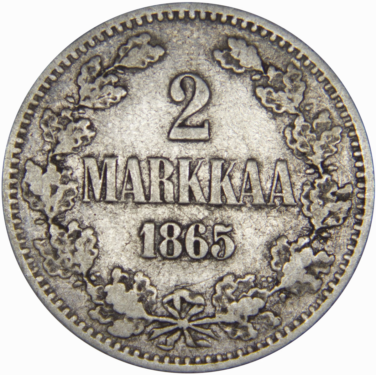 Монета номиналом 2 марки. Сохранность F. Россия для Финляндии, 1865 год