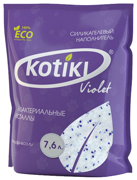 Наполнитель для кошачьего туалета Kotiki Violet Антибактериальные кристаллы, силикагелевый, 7,6 л00000000011 Наполнитель для кошачьего туалета Kotiki Violet Антибактериальные кристаллы, силикагелевый, 7,6 л00000000011Наполнитель для кошачьего туалета Kotiki Violet Антибактериальные кристаллы предотвращает размножение бактерий, моментально блокирует всю влагу и неприятные запахи. Не прилипает к лапам и шерсти животного, экономичен в использовании, не вызывает аллергию.