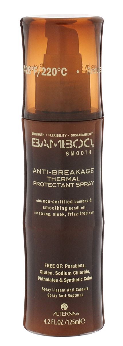 Alterna Термозащитный спрей для волос Bamboo Smooth Anti-Breakage Spray - 125 мл44150 Alterna Термозащитный спрей для волос Bamboo Smooth Anti-Breakage Spray - 125 мл44150Термозащитный спрей Alterna Bamboo Smooth Anti-Breakage Thermal Protectant Spray укрепляет ваши волосы, придавая им эластичность, а благодаря органическому маслу Кенди достигается оптимальный уровень увлажнения волос. Волосы приобретают гладкость, здоровый блеск, силу и шелковистость.Спрей обладает исключительно высоким уровнем термозащиты (до 220°С), насыщает волосы протеинами и необходимыми питательными элементами, постепенно восстанавливая поврежденные волосы вплоть до 87%. Благодаря применению спрея, Ваши волосы будут тщательно защищены как снаружи, так и изнутри.Спрей подходит для всех типов волос. Безопасен для окрашенных волос. Его можно использовать после процедуры по обычному выпрямлению волос, кератиновому выпрямлению волос и после перманентной завивки.Средство не содержит такие вредные компоненты, как: парабены, фталаты, глютен, синтетические красители, минеральное масло, петролатум. Не тестируется на животных.