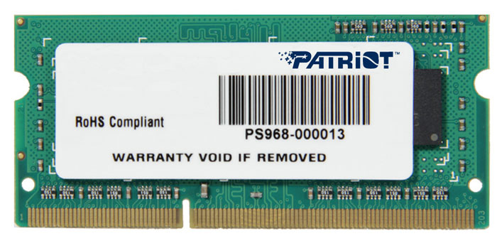 Patriot DDR3 SO-DIMM 8GB 1600МГц модуль оперативной памяти (PSD38G16002S)PSD38G16002S Patriot DDR3 SO-DIMM 8GB 1600МГц модуль оперативной памяти (PSD38G16002S)PSD38G16002SНебуферезированная память Patriot DDR3 SO-DIMM PSD38G16002S предоставляет качество работы, надежность и производительность, требуемую для современных ноутбуков сегодня. Этот модуль емкостью 8 ГБ, спроектирован для работы на частоте 1600 МГц PC3-12800 при таймингах CAS 11. Модуль собран при использовании специальных компонентов.