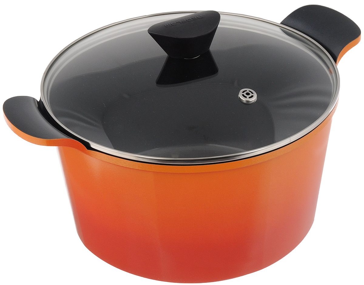 Кастрюля Frybest Orange с крышкой, с керамическим покрытием, 6,5 лORCV-D26 Orange/ORCA-D26 Orange Кастрюля Frybest Orange с крышкой, с керамическим покрытием, 6,5 лORCV-D26 Orange/ORCA-D26 OrangeКастрюля Frybest Orange изготовлена из высококачественного алюминия. Революционное антипригарное керамическое покрытие обладает повышенной устойчивостью к высоким температурам, термическому шоку и механическому износу. Посуда экологична, ее производство является экологически чистым. Жаропрочная стеклянная крышка имеет отверстие для выхода пара, ручку и металлический обод. Подходит для газовых, электрических и стеклокерамических плит. Можно мыть в посудомоечной машине. Высота стенки: 14,5 см. Ширина ( с учетом ручек): 35 см.