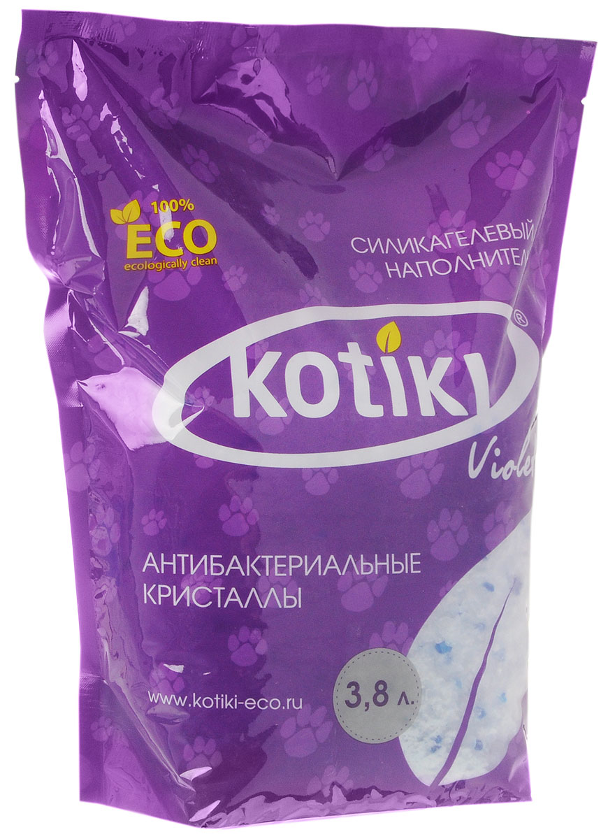 Наполнитель для кошачьего туалета Kotiki Violet. Антибактериальные кристаллы, силикагелевый, 3,8 л00000000008 Наполнитель для кошачьего туалета Kotiki Violet. Антибактериальные кристаллы, силикагелевый, 3,8 л00000000008Силикагелевый наполнитель для кошачьего туалета Kotiki Violet. Антибактериальные кристаллы производится из природного кварца методом многоступенчатой обработки, вследствие чего является экологически безопасным для вас и вашего питомца. Благодаря своем уникальному составу кристаллы наполнителя моментально впитывают в себя влагу и неприятные запахи, надежно блокируя внутри. Наполнитель Kotiki Violet. Антибактериальные кристаллы рекомендуется менять через каждые 15 - 20 дней.
