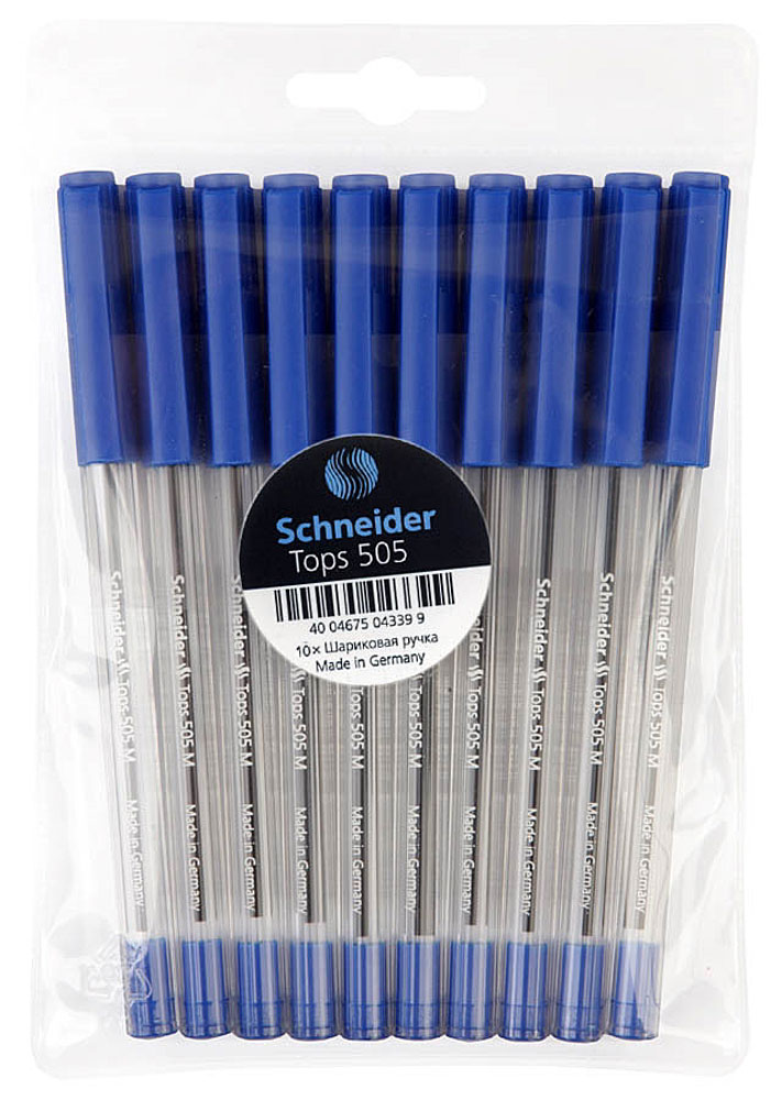 Набор шариковых ручек Schneider Tops 505, цвет: синий. S506-10/3, 10 штS506-10/3 Набор шариковых ручек Schneider Tops 505, цвет: синий. S506-10/3, 10 штS506-10/3Шариковые ручки из набора Schneider Tops 505станут незаменимым атрибутом в учебе любого школьника и на работе. Износостойкий наконечник из нержавеющей стали гарантирует четкое и насыщенное письмо на протяжении всего срока службы ручки, а также полное использование запаса чернил. В наборе 10 одноразовых шариковых ручек с колпачком, цвет которого соответствует цвету чернил.
