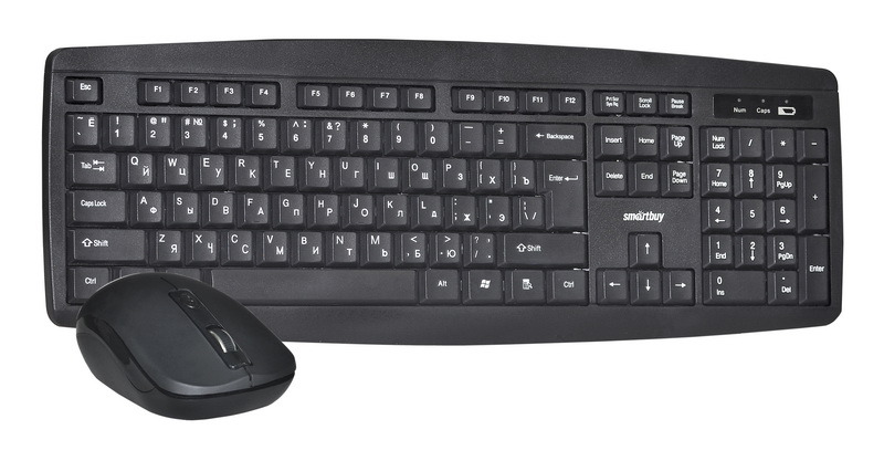 Smartbuy One 212332AG, Black клавиатура + мышьSBC-212332AG-K Smartbuy One 212332AG, Black клавиатура + мышьSBC-212332AG-KКомплект из беспроводной клавиатуры и мыши Smartbuy One 212332AG позволяет работать продолжительное время, используя один комплект батареек. Компьютерная мышь имеет высокое разрешение и подходит как для игр, так и для офисной работы. Эргономичная форма подойдет для работы как правой, так и левой рукой. Используется только один нано-ресивер для работы как клавиатуры, так и мыши. Световая индикация низкого уровня заряда напомнит о своевременной замене батарей.