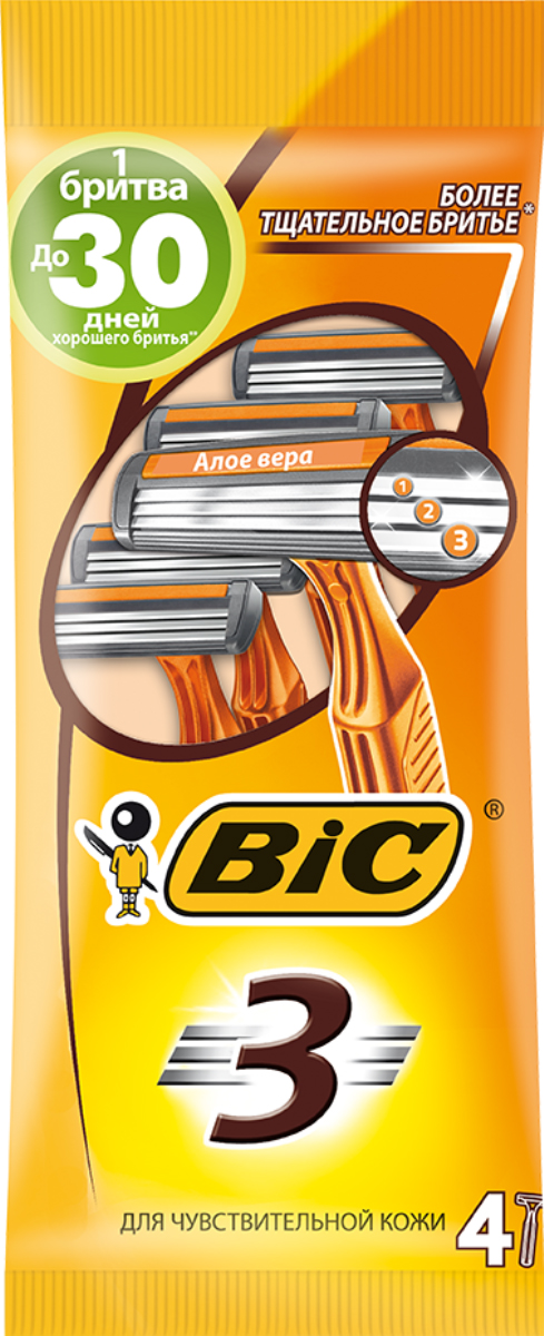 Bic Бритва Bic3 для чувствительной кожи, уп.4 шт8729022 Bic Бритва Bic3 для чувствительной кожи, уп.4 шт8729022Бритвенный станок с тремя лезвиями. Фиксированная головка. Хромо-полимерное покрытие. Увлажняющая полоска с Алоэ-Вераи витамином Е. Изогнутая и ребристая ручка.