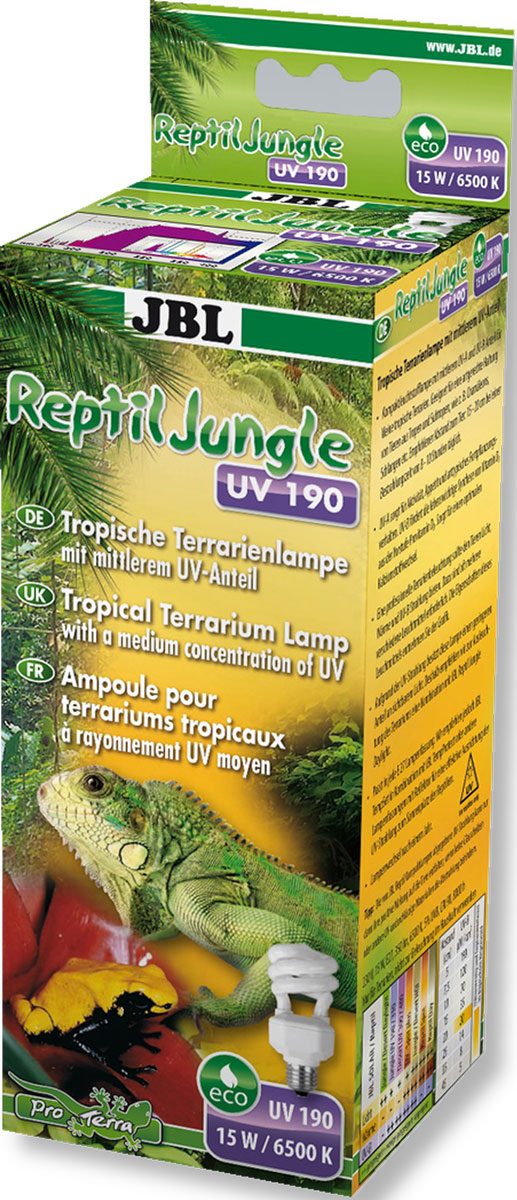 Лампа для тропического террариума JBL ReptilJungle UV 190, Е27, 15 Вт, 6500 К лампа jbl reptiljungle l u w light 70w металлогалогенная для освещения и обогрева тропических террариумов 70 вт