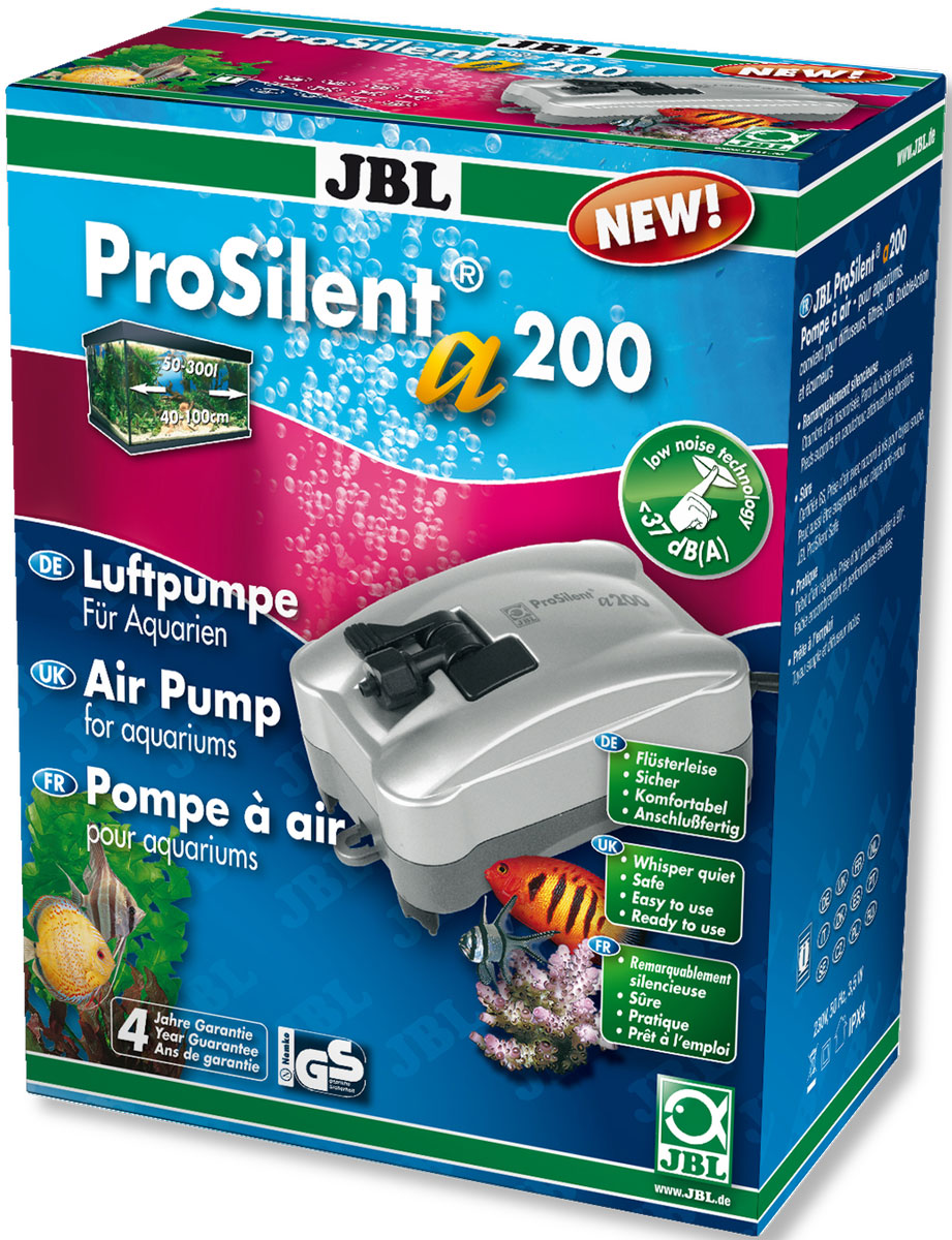 Компрессор JBL ProSilent, для аквариума 50-300 л, 200 л/чJBL6054200 Компрессор JBL ProSilent, для аквариума 50-300 л, 200 л/чJBL6054200Компрессор JBL ProSilent предназначен для пресноводного и морского аквариума объемом 50-300 л. При производительности 200 л/ч и потреблении всего 3,4 Вт он мощный и надежный благодаря креплениям воздушного шланга. Пониженный уровень шума: звукопоглощающая воздушная камера, антивибрационные силиконовые ножки, усиленные стенки корпуса, регулируемый выход воздуха, крепление шланга поворачивается на 90°.Устройство оборудовано обратным клапаном для предотвращения обратного потока воды в насос. Ночью компрессор полезен для аквариума, потому что растения не производят кислород без света. В аквариумах с небольшим количеством растений насос обеспечивает адекватную циркуляцию воды. В аквариумах с плотной посадкой растений компрессор ночью подает кислород в аквариум, так как содержание кислорода значительно падает из-за большого количества растений. При заболеваниях компрессор повышает содержание кислорода в воде, что необходимо для многих лекарств. Просто установить: Подключите шланг к компрессору. Отрежьте шланг для подачи воздуха и установите обратный клапан. Обрежьте оставшийся шланг до нужной длины. Один конец соедините с обратным клапаном, а другой - с распылителем воздуха. Насос можно установить на сухой стене возле аквариума. Есть крючки для подвешивания. Отрегулируйте поток воздуха на выходе.