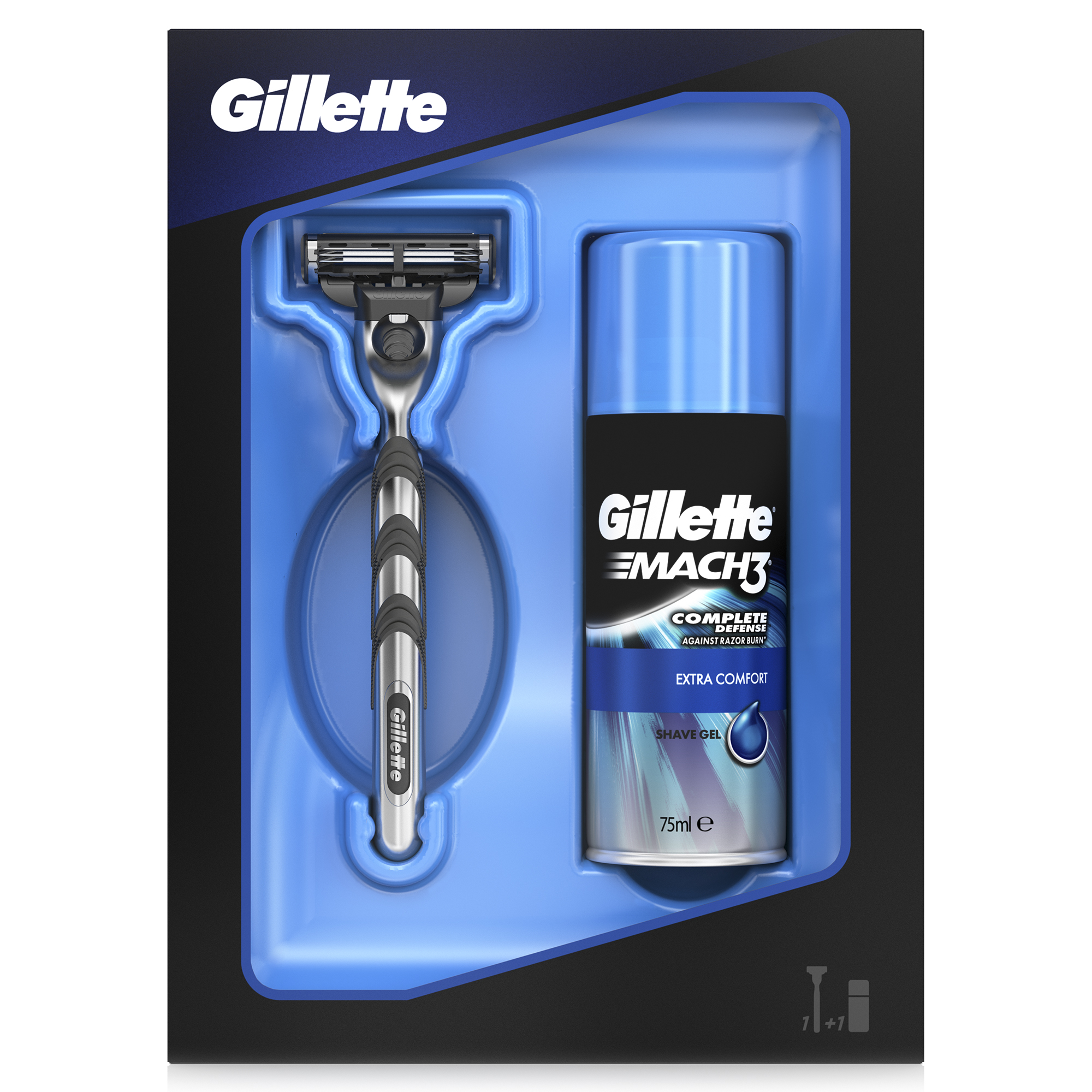 Подарочный Набор Gillette Mach3: Мужская Бритва Gillette Mach3 + Гель для бритья Mach3 Extra Comfort, 75 млMAG-81561878 Подарочный Набор Gillette Mach3: Мужская Бритва Gillette Mach3 + Гель для бритья Mach3 Extra Comfort, 75 млMAG-81561878Подарочный набор Gillette Mach3 подарит идеально гладкое бритье. В набор входят Мужская Бритва Gillette Mach3 и Гель для бритья Mach3 Extra Comfort, 75 мл. Бритва имеет 3 лезвия DuraComfort, гарантирующие продолжительный комфорт, гелевую полоску и усовершенствованный микрогребень SkinGuard. Гель для бритья создает густую приятную пену, великолепно удерживающую влагу (по сравнению с гелями для бритья MACH3).. Подарочный набор Gillette Mach3 подарит идеально гладкое бритье. В набор входят Мужская Бритва Gillette Mach3 и Гель для бритья Mach3 Extra Comfort, 75 мл. Бритва с 3 лезвиями DuraComfort, гелевой полоской и усовершенствованным микрогребнем SkinGuard. Гель для бритья: формула Mach3 Complete Defense для надежной защиты от жжения после бритья по сравнению с пенами для бритья Mach3. Ощущения лучше, чем при бритье новой одноразовой бритвой, даже при 10-м использовании (по сравнению с Gillette Blue II Plus). Более гладкое бритье без раздражения (по сравнению с одноразовой бритвой Gillette Blue II Plus). В комплект этой бритвы входят три лезвия DuraComfort для продолжительного комфорта. Гелевая полоска скользит по коже, предотвращая ее покраснение.