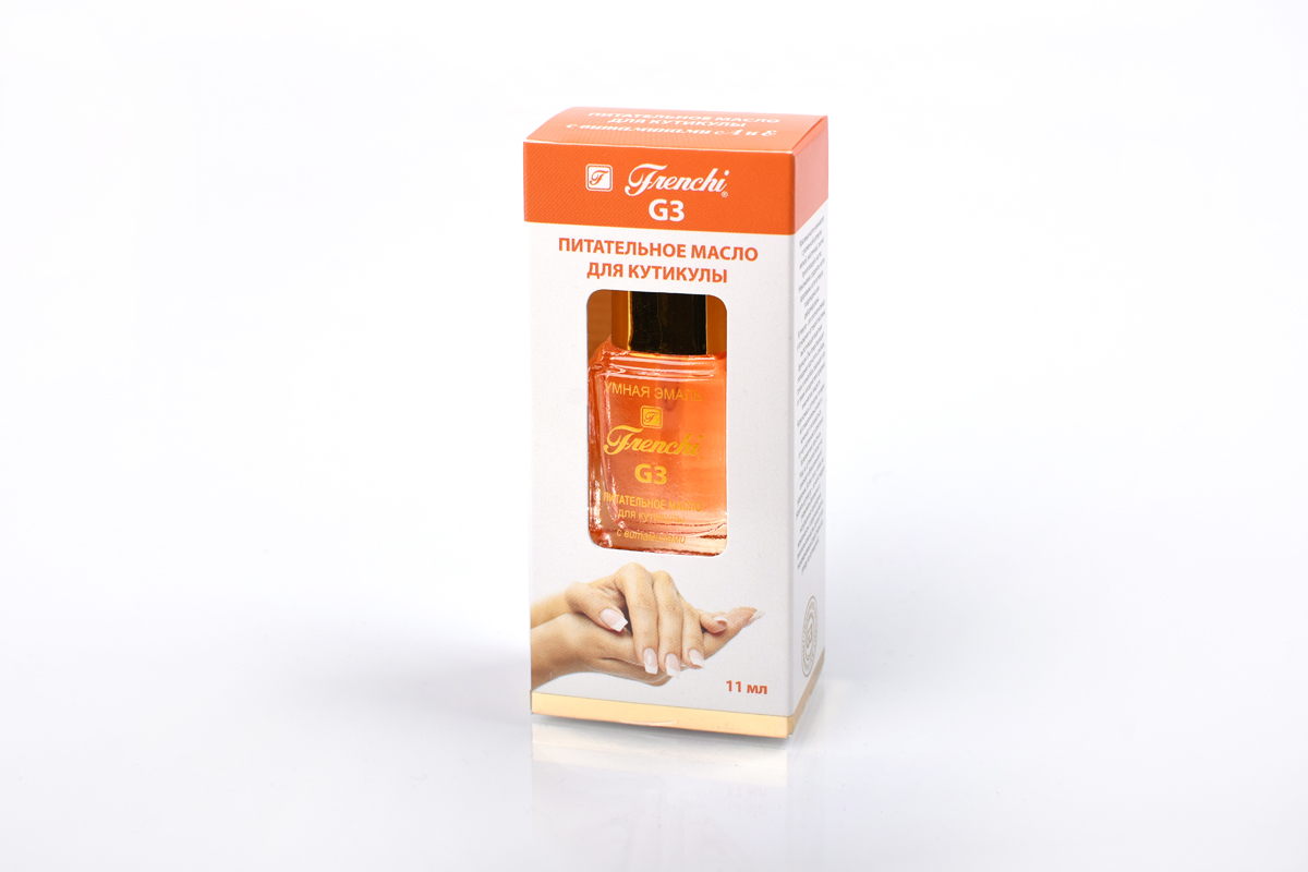 Frenchi G3 Питательное масло для кутикулы, 11 млУТ00000775 Frenchi G3 Питательное масло для кутикулы, 11 млУТ00000775Питательное масло для кутикулы Frenchi G3 с витаминами А и Е - уникальная терапия для ногтей и кутикулы. В основе формулы средства лежит комплекс витаминов и натуральный кератин. Тонко сбалансированная комбинация масел жожоба и абрикосовых косточек, в сочетании с витаминами А и Е, позволяет кутикуле усилить процесс регенерации, смягчает и увлажняет ороговевшую кожицу вокруг ногтевого валика, а также предохраняет ногтевую пластину и околоногтевую зону от высыхания, трещин и шелушения. Обладает интенсивным питательным и увлажняющим действием, предотвращает появление заусенцев, обеспечивает рост длинных и прочных ногтей.