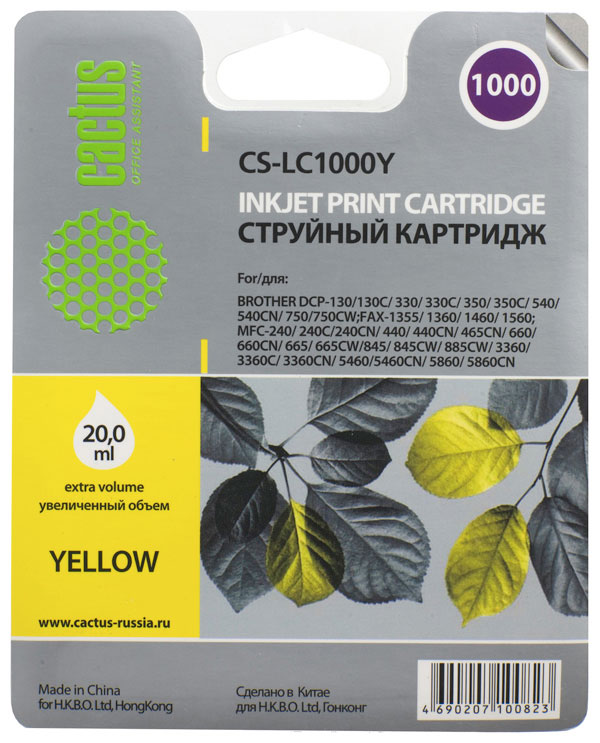 Cactus CS-LC1000Y, Yellow картридж струйный для Brother DCP 130C/330С/MFC-240C/5460CNCS-LC1000Y Cactus CS-LC1000Y, Yellow картридж струйный для Brother DCP 130C/330С/MFC-240C/5460CNCS-LC1000YКартридж Cactus CS-LC1000Y для струйных принтеров Brother DCP 130C/330С/MFC-240C/5460CN.Расходные материалы Cactus для струйной печати максимизируют характеристики принтера. Обеспечивают повышенную четкость цветов и плавность переходов оттенков и полутонов, позволяют отображать мельчайшие детали изображения. Обеспечивают надежное качество печати.