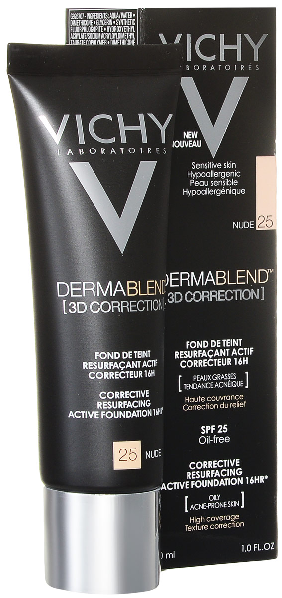Vichy Dermablend Тональный крем 3D, тон №25 телесный, 30 млM9005700 Vichy Dermablend Тональный крем 3D, тон №25 телесный, 30 млM9005700Пластичная текстура выравнивает поверхность кожи лица, заполняя углубления и сглаживая видимые уплотнения. Подходит для чувствительной кожи. Сразу после нанесения тональной основы акне полностью скрыты без видимых границ нанесения. Маскирует акне и ухаживает за проблемной кожей и обеспечивает 16-часовой маскирующий эффект. SPF 25Меньше несовершенств + коррекция микрорельефа.3D коррекция:1. Эффективно маскирует акне и постакне, благодаря рекордному содержанию маскирующих пигментов.2. Свежая и легкая текстура выравнивает поверхность кожи лица, заполняя углубления и сглаживает видимые уплотнения.3. Обогащенная салициловой кислотой и эперулином, тональная основа заметно сокращает несовершенства.