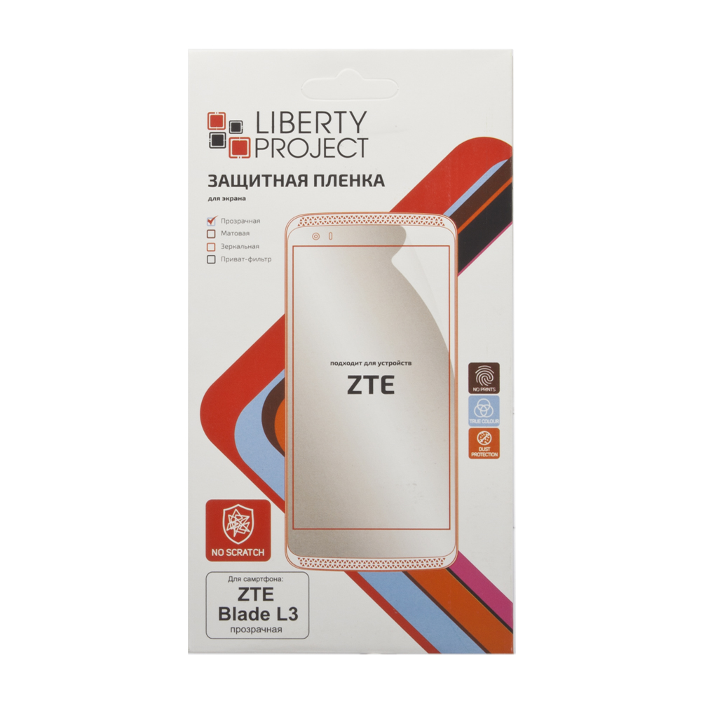 Liberty Project защитная пленка для ZTE Blade L3, прозрачная0L-00028787 Liberty Project защитная пленка для ZTE Blade L3, прозрачная0L-00028787Защитная пленка Liberty Project предназначена для защиты поверхности экрана ZTE Blade L3 от царапин, потертостей, отпечатков пальцев и прочих следов механического воздействия. Структура пленки позволяет ей плотно удерживаться без помощи клеевых составов и выравнивать поверхность при небольших механических воздействиях. Пленка практически незаметна на экране смартфона и сохраняет все характеристики цветопередачи и чувствительности сенсора. На защитной пленке есть все технологические отверстия.
