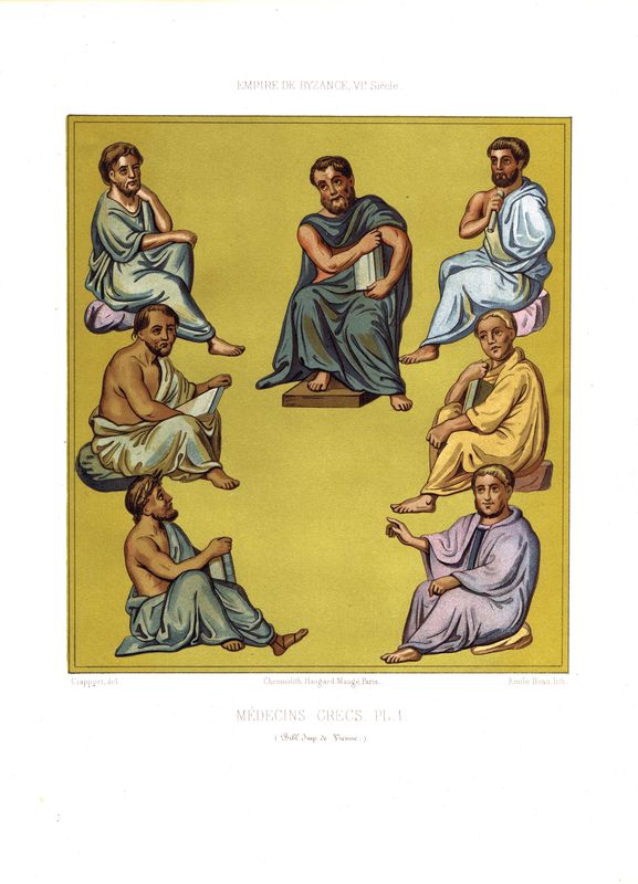 Древнегреческие медики VI века. Византия. Хромолитография. Франция, Париж, 1857-1858 год
