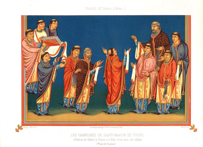Каноники аббатства святого Мартина Турского вручают Библию королю Карлу II Лысому. Хромолитография. Франция, Париж, 1857-1858 год