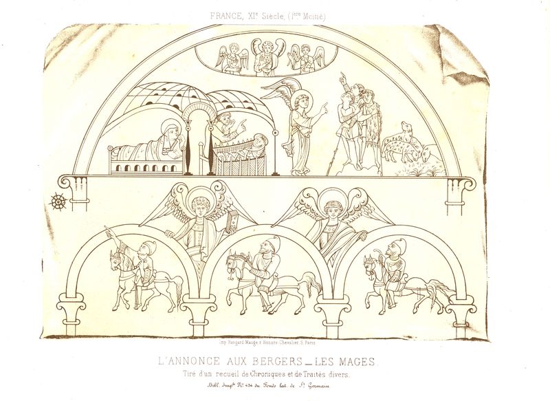 Пастухи и волхвы узнают о рождении Иисуса. Хромолитография. Франция, Париж, 1857-1858 год