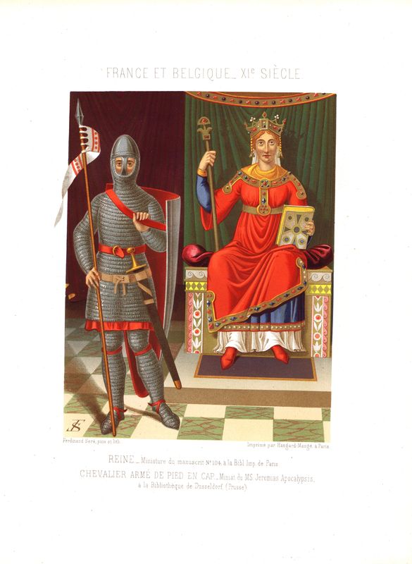 Средневековая королева и рыцарь в доспехах. Хромолитография. Франция, Париж, 1857-1858 год