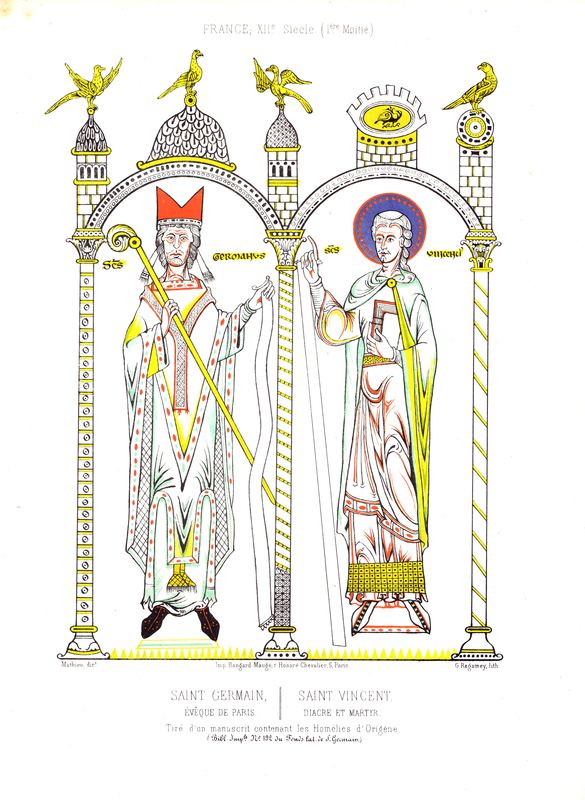 Святой Герман, епископ Парижа. Святой и мученик Викентий Сарагосский. Хромолитография. Франция, Париж, 1857-1858 год