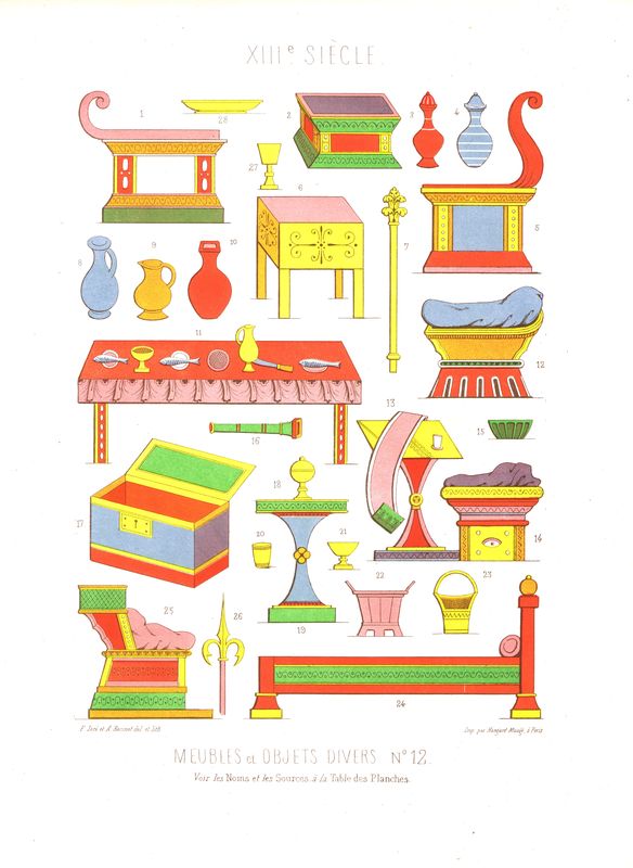Мебель, посуда, предметы быта во Франции XIII века. Хромолитография. Франция, Париж, 1857-1858 год