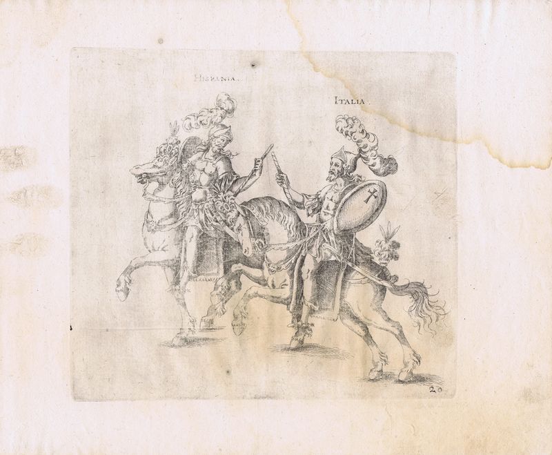Испанский рыцарь и итальянский рыцарь в полном обмундировании на лошадях в парадной сбруе. Офорт. Германия, Штутгарт, 1611 год