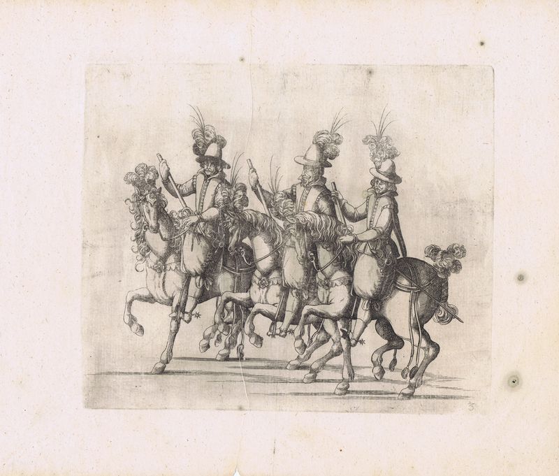 Рыцари на лошадях с боевыми наголовниками. Офорт. Германия, Штутгарт, 1611 год