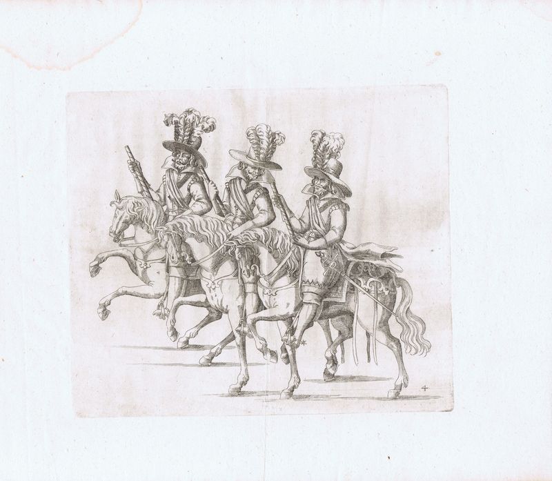 Всадники в пышном одеянии на лошадях. Офорт. Германия, Штутгарт, 1611 год