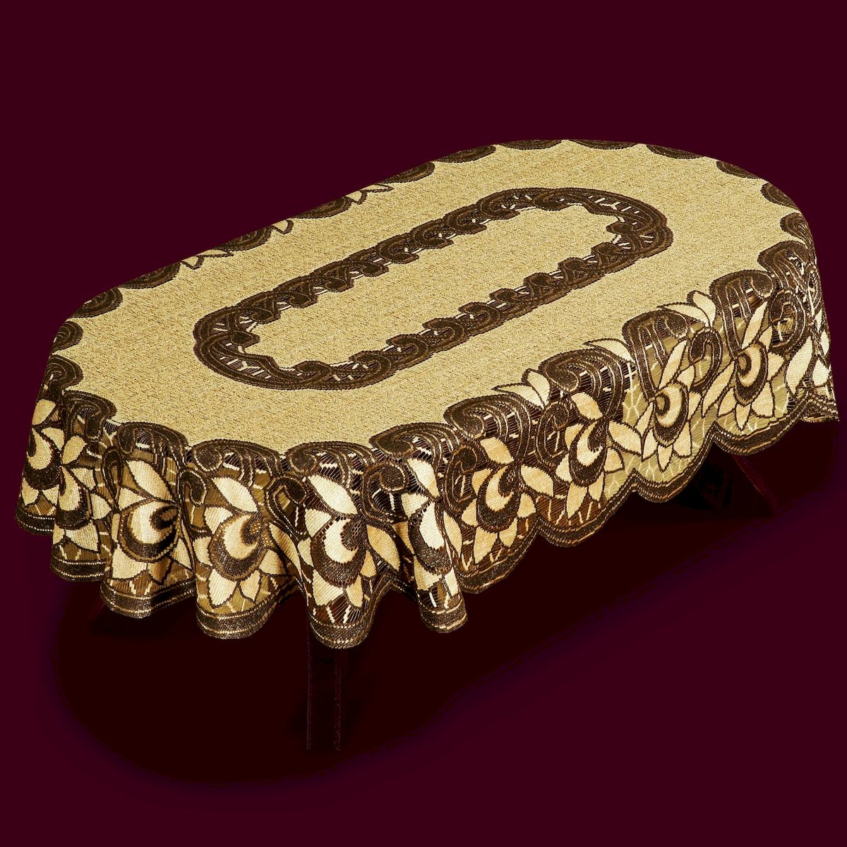 Скатерть Haft, овальная, цвет: коричневый, бежевый, 150 x 100 см. 3878138781/100 кофейно-коричн. Скатерть Haft, овальная, цвет: коричневый, бежевый, 150 x 100 см. 3878138781/100 кофейно-коричн.Великолепная скатерть Haft, выполненная из полиэстера, органично впишется в интерьер любого помещения, а оригинальный дизайн удовлетворит даже самый изысканный вкус.Скатерть Haft создаст праздничное настроение и станет прекрасным дополнением интерьера гостиной, кухни или столовой.