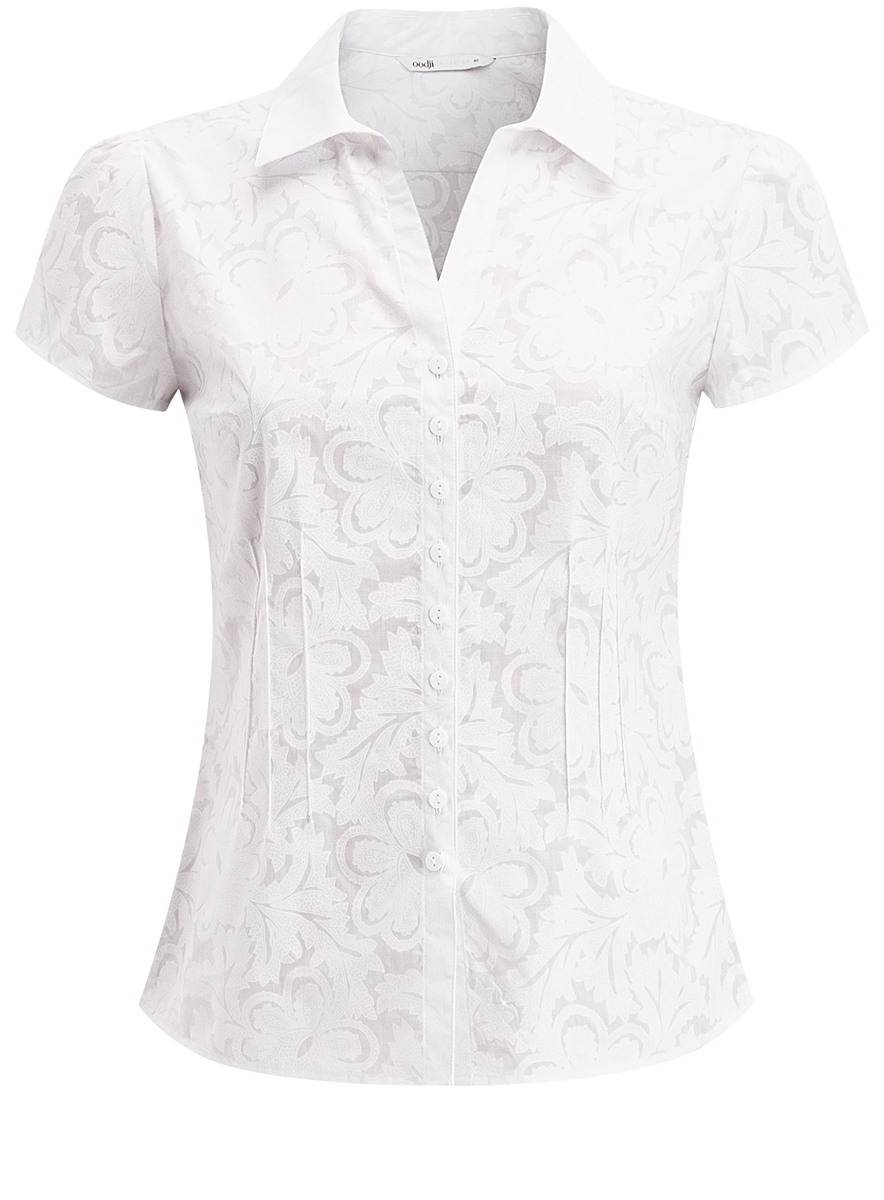 Блузка женская oodji Collection, цвет: белый. 21407022-6/42731/1000N. Размер 36 (42-170)21407022-6/42731/1000N Блузка женская oodji Collection, цвет: белый. 21407022-6/42731/1000N. Размер 36 (42-170)21407022-6/42731/1000NЖенская блузка oodji Collection изготовлена из качественного полиэстера с добавлением натурального хлопка. Модель приталенного кроя с отложным воротником и короткими рукавами застегивается на застежки-пуговицы по всей длине. Спереди блузка дополнена небольшим V-образным вырезом. Оформлено изделие оригинальным принтом с узорами.