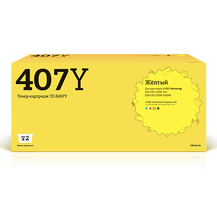 T2 TC-S407Y (аналог CLT-Y407S), Yellow тонер-картридж для Samsung CLP-320/325/CLX-3185