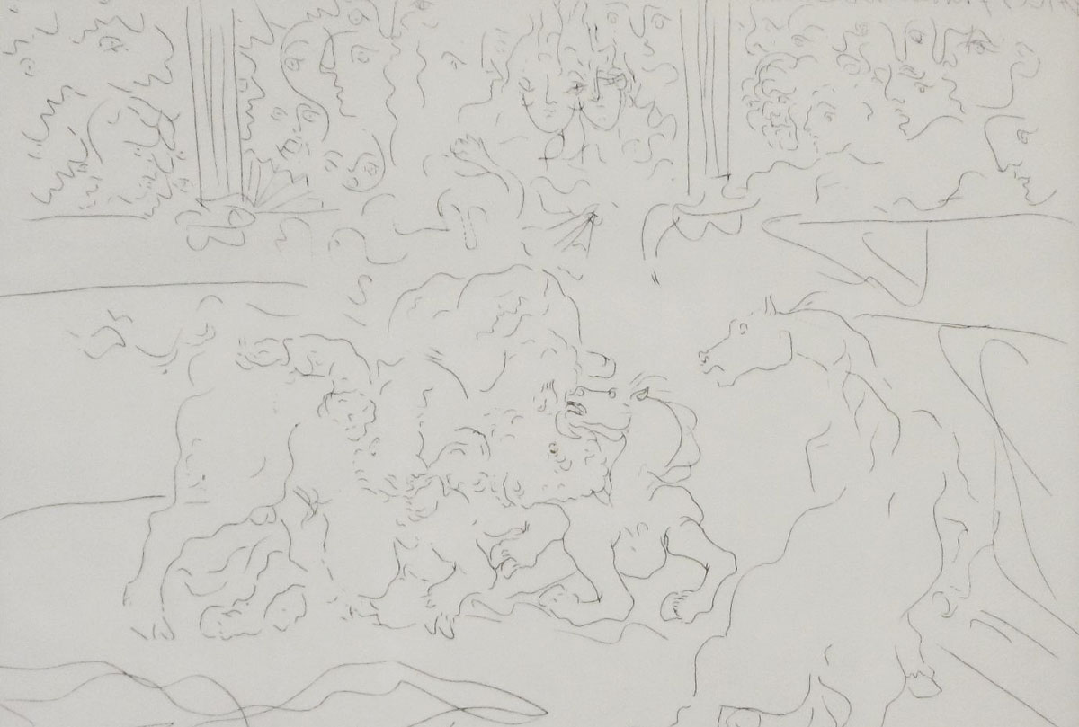 Бык и лошади на арене (Taureau et Chevaux dans l?Arene), № 203. Пабло Пикассо. Сюита Воллара. Литография. Испания, 1956 год
