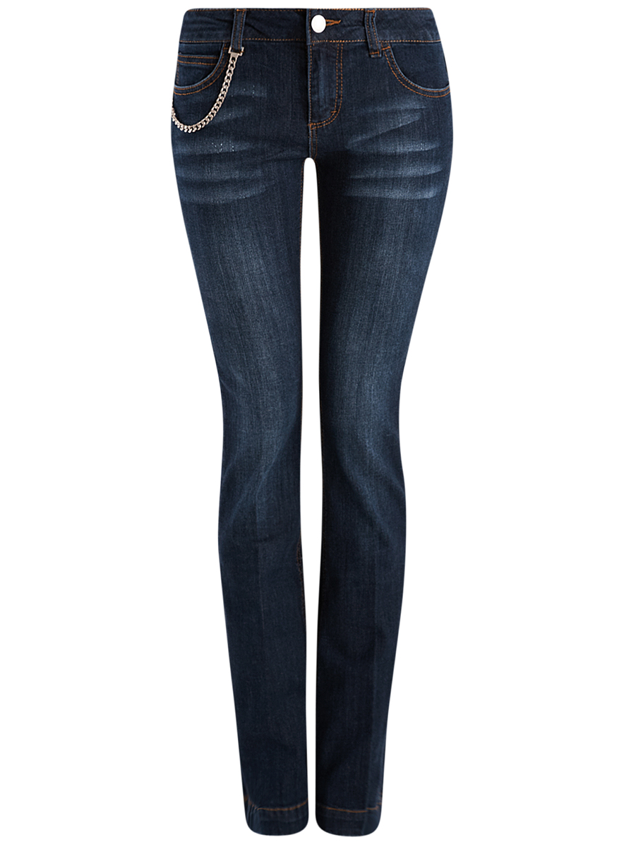 Джинсы женские oodji Denim, цвет: темно-синий. 12102076/43324/7900W. Размер 30-30 (50-30)12102076/43324/7900W Джинсы женские oodji Denim, цвет: темно-синий. 12102076/43324/7900W. Размер 30-30 (50-30)12102076/43324/7900WЖенские джинсы oodji Denim выполнены из хлопка с добавлением эластана. Модель слегка расклешённого к низу кроя по поясу застегивается на пуговицу и имеет ширинку на застежку-молнию. Пояс дополнен шлевками для ремня. Спереди расположено два втачных кармана и маленький накладной карман, а сзади два накладных кармана. Джинсы оформлены потертостями, контрастной отстрочкой и дополнены металлической цепочкой по правому карману.