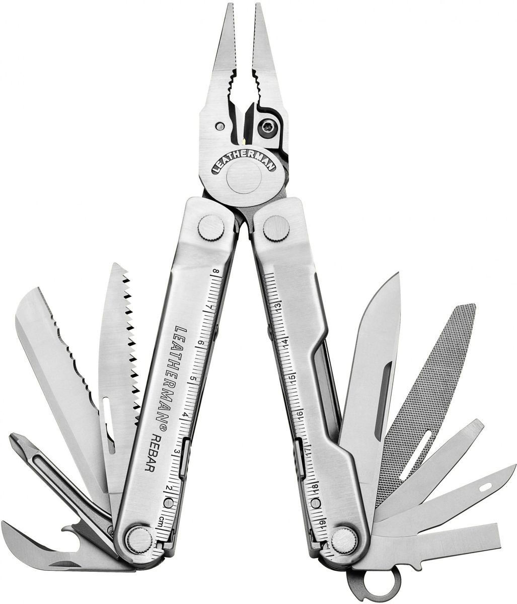 Мультитул Leatherman Rebar. 831557831557 Мультитул Leatherman Rebar. 831557831557Пассатижи,съемные стальные кусачки для проводов,съемные стальные кусачки для твердых проводов, Электрический обжим для контактов, 420HC нож, 420HC серрейтоный нож,Напильник по дереву и металлу,маленькая отвертка,Большая отвертка,Отвертка Phillips, Шило с ушком,Линейка (8 дюймов/20 cm), открывалка для бутылок,Консервный нож,Кусачки для многожильных проводов. Все опции фиксируются от случайного закрытия. Длина мультитула в сложенном состоянии - 10,16 см. Вес 189 гр. Без покрытия. Нейлоновый чехол, картонная упаковка. Гарантия - 25 лет