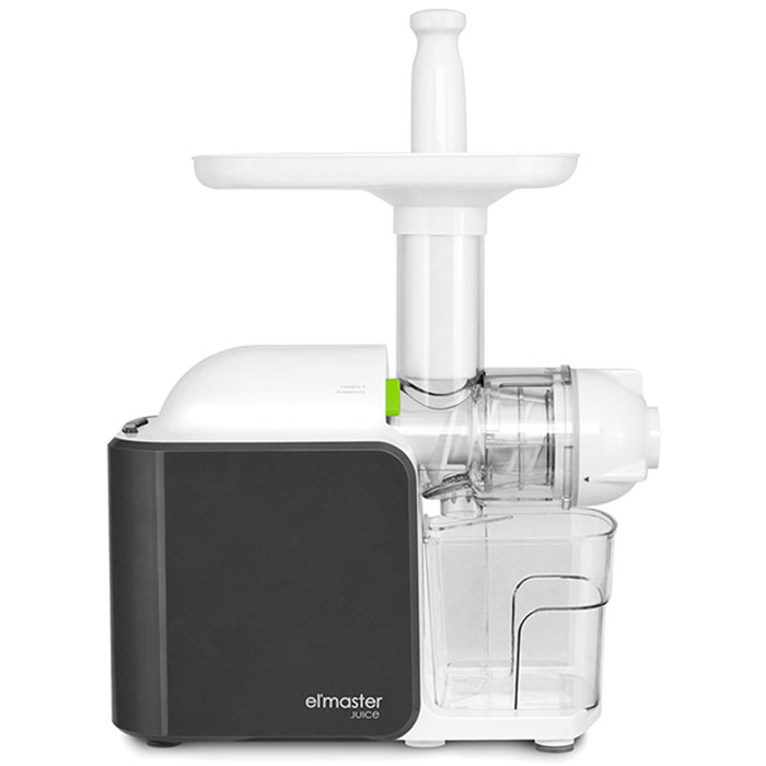 Element ElMaster Juice EW07MW, White соковыжималка4610013601512 Element ElMaster Juice EW07MW, White соковыжималка4610013601512Element ElMaster Juice EW07MW - функциональная соковыжималка с системой холодного отжима.Двигатель с низкой мощностью позволяет прибору работать непрерывно в течение 20 минут и с очень низким уровнем шума (всего 65 дБ). Мотор снабжен дополнительной системой защиты от перегрузок, а снизить его износ помогает плавный старт.В данной модели использован первый в мире керамический шнек CeramicPro+. Он стоек к истиранию, не окрашивается и не впитывает запахи, ударопрочен и легко моется. Благодаря выверенному расположению семнадцати ребер шнека, прибор захватывает продукты практически самостоятельно.С помощью данной модели вы сможете получать сок практически из любых плодов: овощей, фруктов, в том числе ягод, и даже из зелени. Для обработки плодов разной твердости в комплекте имеются два фильтра. Соковыжималка также помогает приготовить варенье и джем, соусы, заправки и подливы, пюре, а также мороженое и смузи с помощью специальной насадки.Прозрачная рабочая камера изготовлена из сверхпрочного поликарбоната, при соприкосновении с которым сок не окисляется. Широкий желоб площадью позволяет обрабатывать крупные кусочки фруктов и овощей. Готовый сок попадает в стакан, который оснащен сепаратором для пены. Конструкция соковыжималки предполагает минимум действий для сборки/разборки и мытья.Безопасность контролируется датчиками, которые в случае перегрузки отключают прибор. Система автоматического реверса быстро извлекает продукты из рабочей камеры в случае застревания. Удлиненная рабочая камера и конструкция загрузочного желоба защищают от неправильного использования прибора, предотвращая риск прикосновения к рабочим механизмам.Защита от перегрузкиПлавный запуск двигателяСистема прямой подачи сока