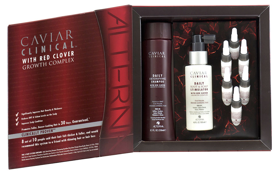 Alterna Caviar Clinical 3-Part System - Набор Caviar Clinical (шампунь-детокс 250 мл + спрей-активатор 100 мл + уход-активатор 6*6,7 мл)56421.I Alterna Caviar Clinical 3-Part System - Набор Caviar Clinical (шампунь-детокс 250 мл + спрей-активатор 100 мл + уход-активатор 6*6,7 мл)56421.IAlterna Caviar Clinical - лечебный комплекс с экстрактом красного клевера и черной икры, предназначенный для активизации процесса роста волос. Красный клевер, входящий в состав препаратов набора, представляет собой сильный природный стимулятор, улучшающий циркуляцию крови. Продукты набора стимулируют спящие фолликулы, успокаивают и очищают кожу головы, тем самым, ускоряя образование новых сильных волосков и рост волос в целом.Состав набора:ежедневный детоксицирующий шампунь Alterna Clinical Daily detoxifing shampoo (лечебный шампунь, стимулирующий рост волос, интенсивно очищает избыток кожного сала, мягко освежая кожу головы);ежедневный стимулятор для фолликул и кожи головы Alterna Clinical Daily root & scalp stimulator (содержит комплекс минеральных веществ и витаминов, необходимых для поддержания здорового состояния кожи головы; активно борется с выпадением волос);сыворотка для роста волос Alterna Clinical Weekly intensive boosting treatment (обеспечивает насыщение фолликул минеральными веществами и витаминами, необходимыми для лечения и здорового функционирования кожи головы).