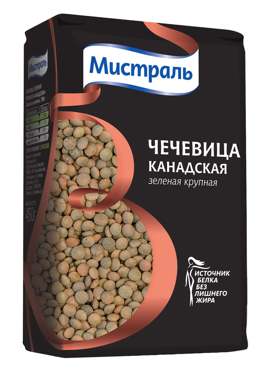 Мистраль Чечевица зеленая крупная Канадская, 450 г12285 Мистраль Чечевица зеленая крупная Канадская, 450 г12285Благодаря высокому содержанию белка, чечевица считается отличной альтернативой мясу. Чечевица - основа традиционных азиатских и модных европейских блюд.Чечевица Канадская идеальна в качестве гарнира, для добавления в салаты и густые похлебки.Зеленая крупная чечевица при варке сохраняет свою форму.