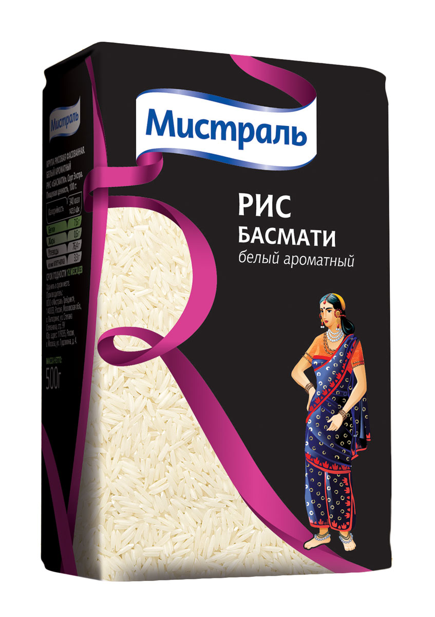 Мистраль Рис Басмати, 500 г15001 Мистраль Рис Басмати, 500 г15001Рис Басмати выращивается у подножий Гималаев. Благодаря длинным тонким зернам, нежному аромату и изысканному вкусу во всем мире Басмати заслуженно считается Королем риса.Рис хорош как в качестве гарнира, так и для приготовления практически любого блюда восточной и европейской кухни.
